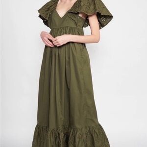 En Saison Olive Maxi Barnette Dress with Eyelet Details and Flutter Sleeve